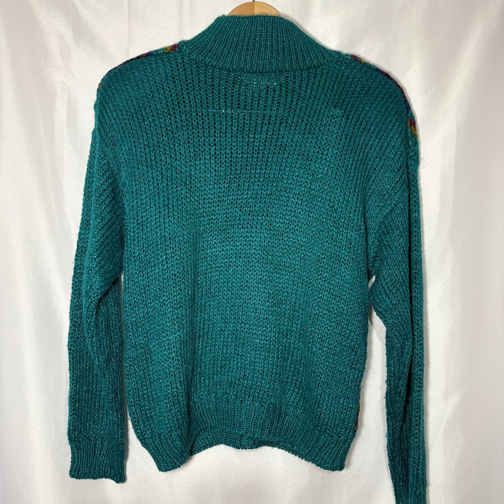 Vintage Jamie Scott Hand Knit Teal Fair Isle Sweater Mock Neck Heavy Ramie Large - Picture 2 of 9